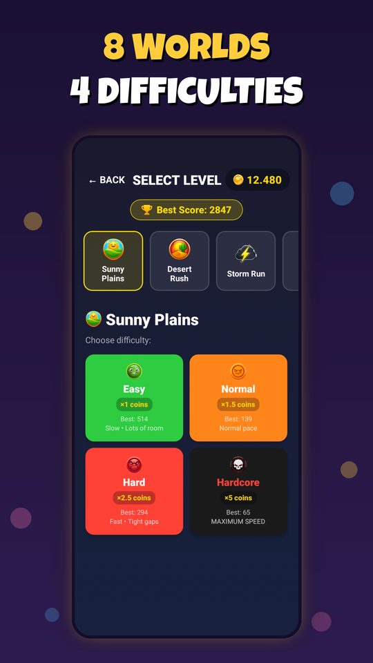 The world selection screen with eight worlds